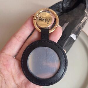 NEW YSL Beauty Round Mirror Keychain – Black Leather Style with Gold Ring
